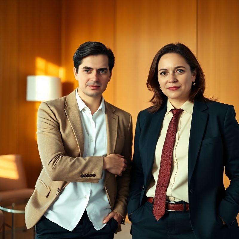 Doi profesioniști într-o sală de întâlniri cu accente teracotă și panouri de lemn